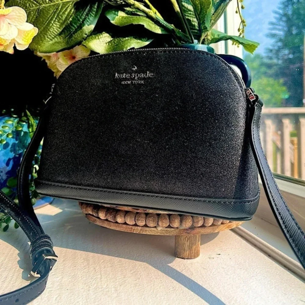 Kate Spade New York Black Glitter Leather Crossbody Bag Spade Logo NWT